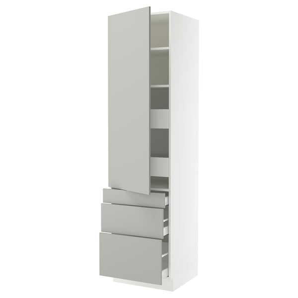 A modern, tall white cabinet from IKEAs SEKTION kitchen system with light grey drawers and shelves, featuring an open door and drawers.