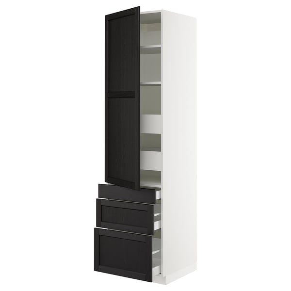 SEKTION kitchen cabinet in white with black stained oak doors, featuring open shelves and drawers, traditional design.