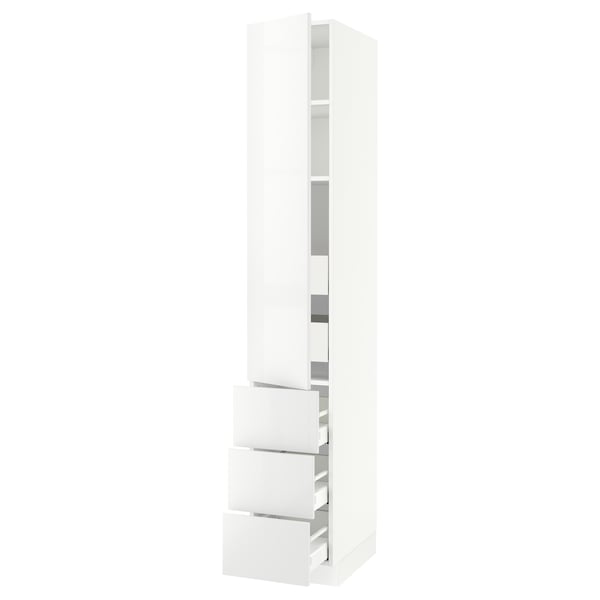 The is: white SEKTION kitchen cabinet with glossy drawers and shelves.