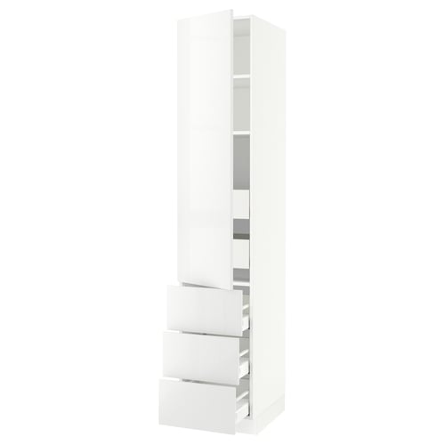 A white SEKTION high cabinet with drawers and shelves. Modern, glossy design with sleek lines, suitable for kitchens.