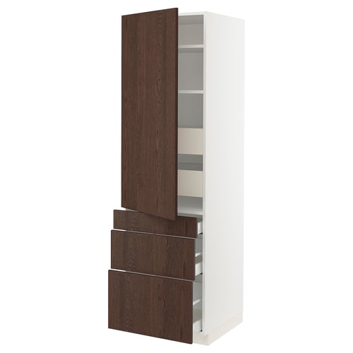 White & dark brown kitchen cabinet, tall with drawers and shelves. Modern design, wooden edges.