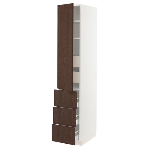 Modern white kitchen cabinet with dark brown wooden drawers and doors, featuring adjustable shelves and soft-close hinges.