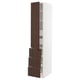 Modern white kitchen cabinet with dark brown wooden drawers and doors, featuring adjustable shelves and soft-close hinges.