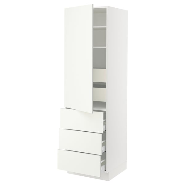 Modern white kitchen cabinet with pull-out drawers and shelves.
