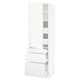 White kitchen cabinet, modern minimalist design, matte finish, three drawers, adjustable shelves, integrated handles.