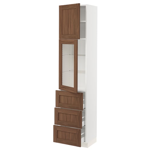 Tall white kitchen cabinet with walnut drawer and door panels, glass shelves.