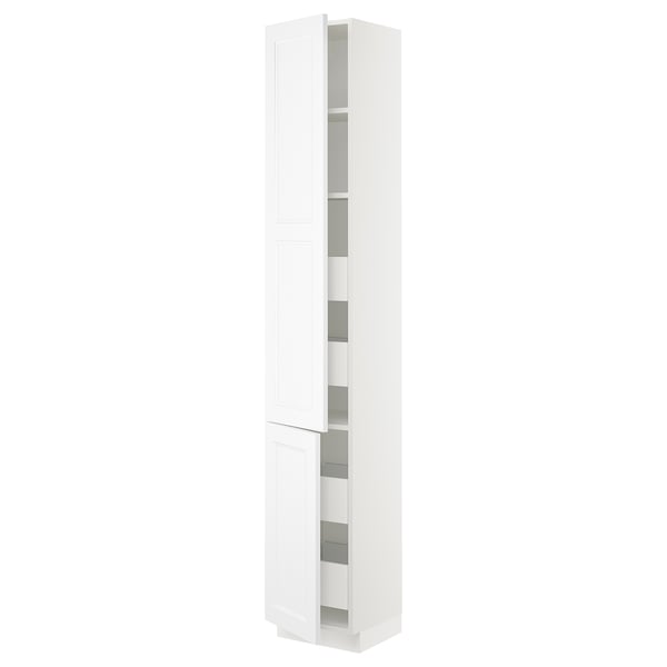 A white SEKTION kitchen cabinet with two doors and adjustable shelves.