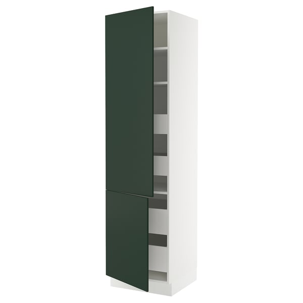 SEKTION kitchen cabinet, green, white trim, tall, adjustable shelves, modern design.