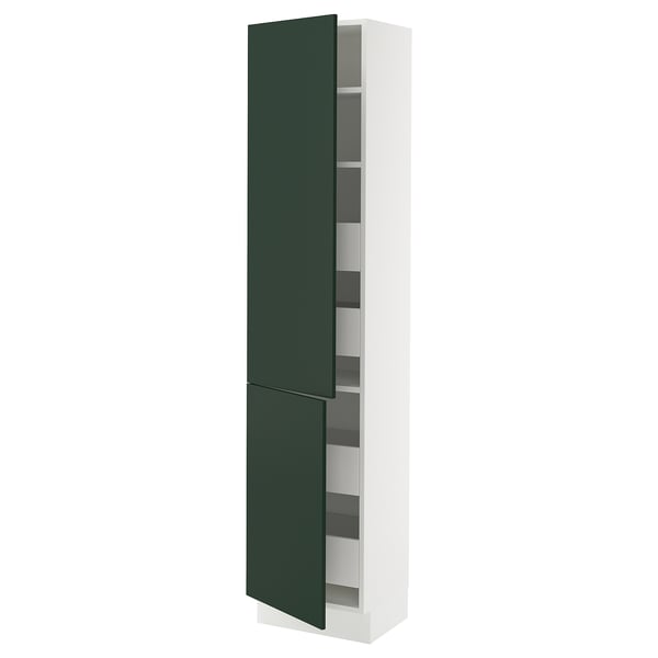 Ikea SEKTION white cabinet, green doors, adjustable shelves, square shape.