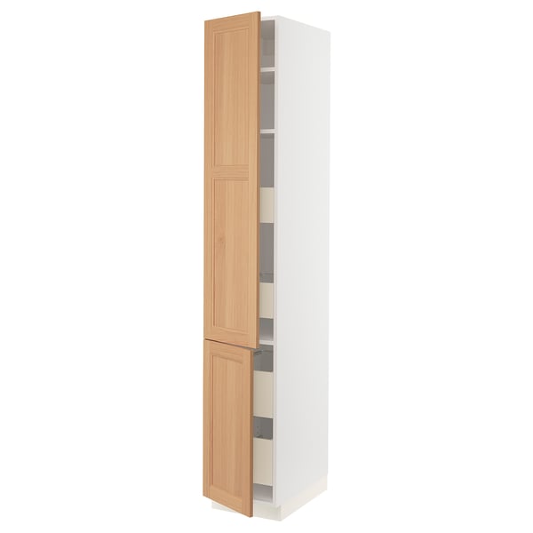 SEKTION kitchen cabinet in oak with white frame, adjustable shelves, and soft-close doors.