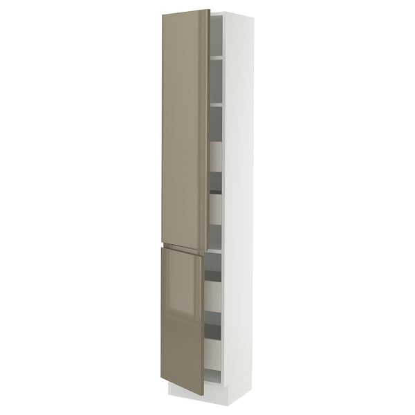 SEKTION kitchen cabinet in high gloss dark grey-brown with two doors and multiple shelves.