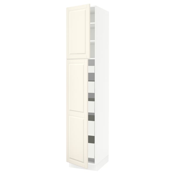 An off-white SEKTION kitchen cabinet with a traditional design. It adjustable shelves and a door with bevelled edges.