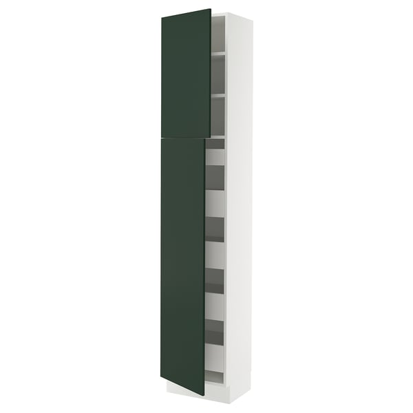 A vertical, white cabinet with green doors, featuring multiple shelves inside. Its part of the SEKTION kitchen system.