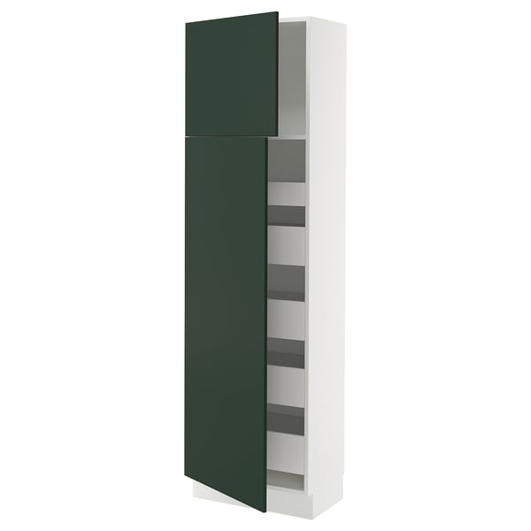A tall, white kitchen cabinet with a dark green door, featuring multiple shelves and a sleek, modern design.