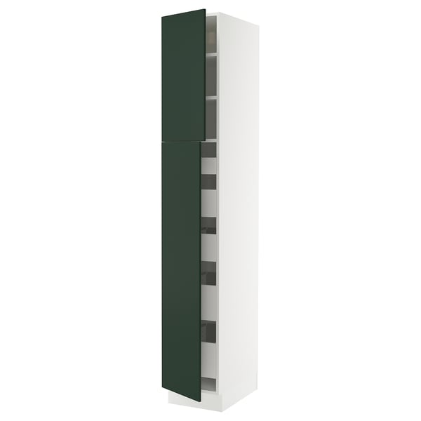 Modern kitchen cabinet with green doors, white sides, adjustable shelves, and minimalist design.