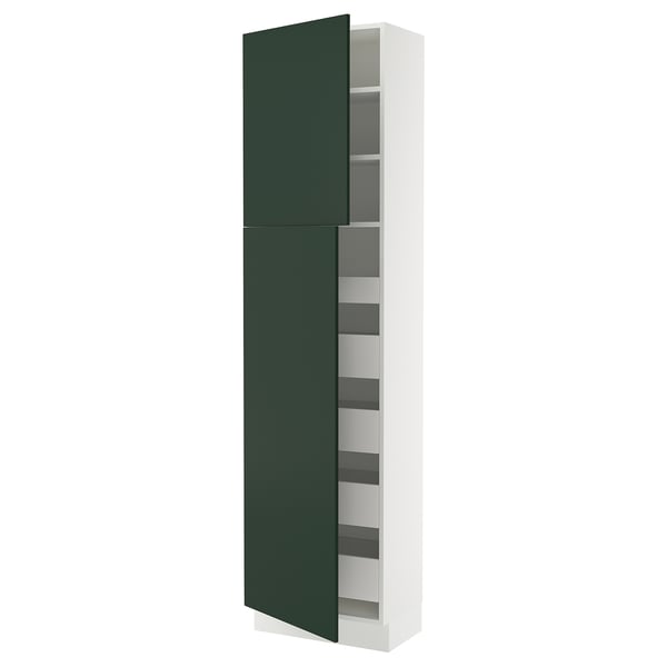 SEKTION tall kitchen cabinet with green havstorp doors, white frame.