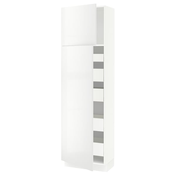 White glossy kitchen cabinet with mirrored shelves.