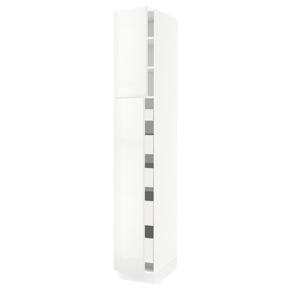 White high-gloss cabinet, tall with multiple shelves, sleek modern design.