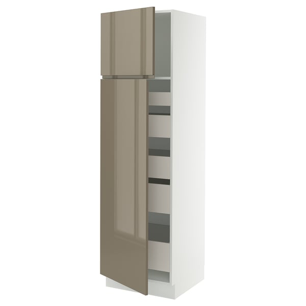 Modern, tall kitchen cabinet in high gloss dark grey-brown with sleek handles and adjustable shelves.