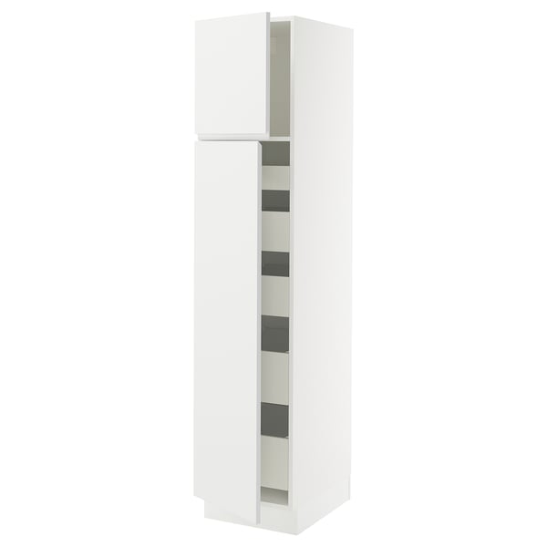 A white SEKTION kitchen cabinet with modern minimalist design, featuring adjustable shelves, and a door with integrated handles.