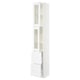 A SEKTION tall white kitchen cabinet with glass doors and drawers. It a sleek modern design with adjustable shelves.