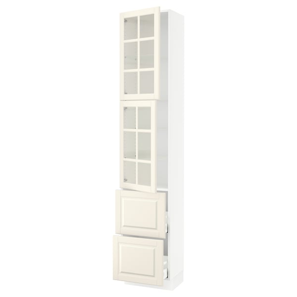White SEKTION kitchen cabinet with glass doors and drawers.