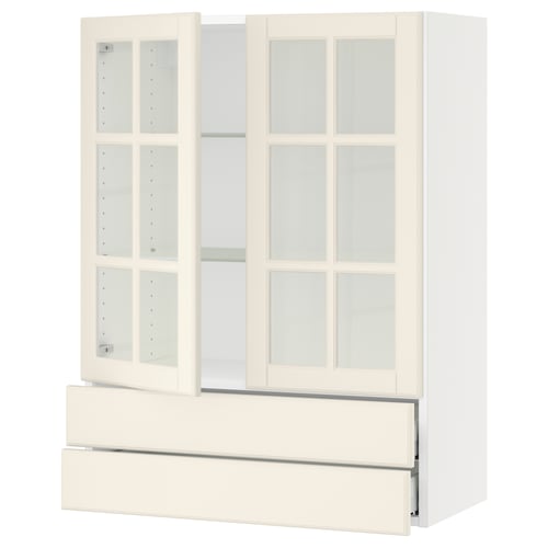 Modern white kitchen cabinet with glass doors, adjustable shelves, and soft-close drawers.