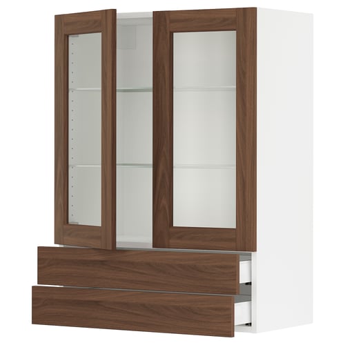 Modern kitchen cabinet, SEKTION series, in walnut finish with glass doors. It adjustable shelves and a low drawer.