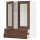 Modern kitchen cabinet, SEKTION series, in walnut finish with glass doors. It adjustable shelves and a low drawer.