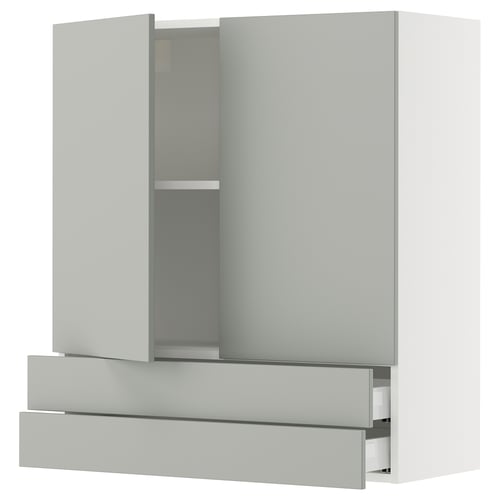 Modern light grey kitchen cabinet with two shelves and two drawers, sleek minimalist design.