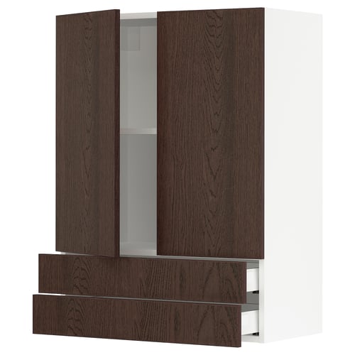 Dark brown wooden kitchen cabinet with adjustable shelves. Modern design, sturdy frame.