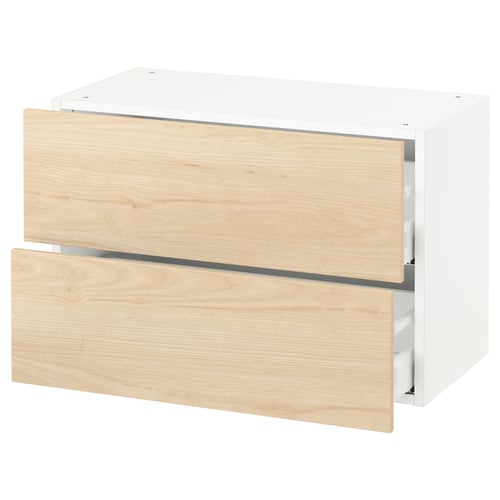 A white SEKTION kitchen cabinet with light ash wooden drawers. It has two drawers, a modern design, and a sturdy build.
