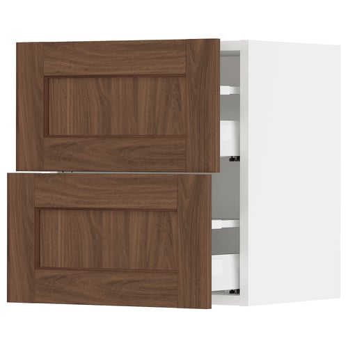 IKEAs SEKTION walnut kitchen cabinet, featuring two open drawers with a smooth, wooden finish and modern handles.