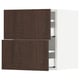 Modern dark wood kitchen cabinet with two doors and a drawer.