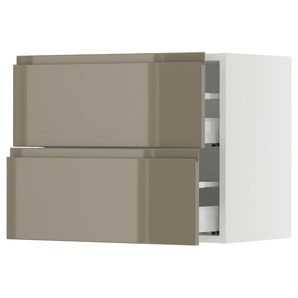 A modern kitchen cabinet in grey-brown with sleek handles, featuring multiple drawers and a smooth finish.