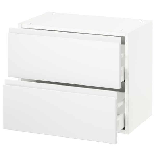 White modern kitchen cabinet with two drawers, sleek design.