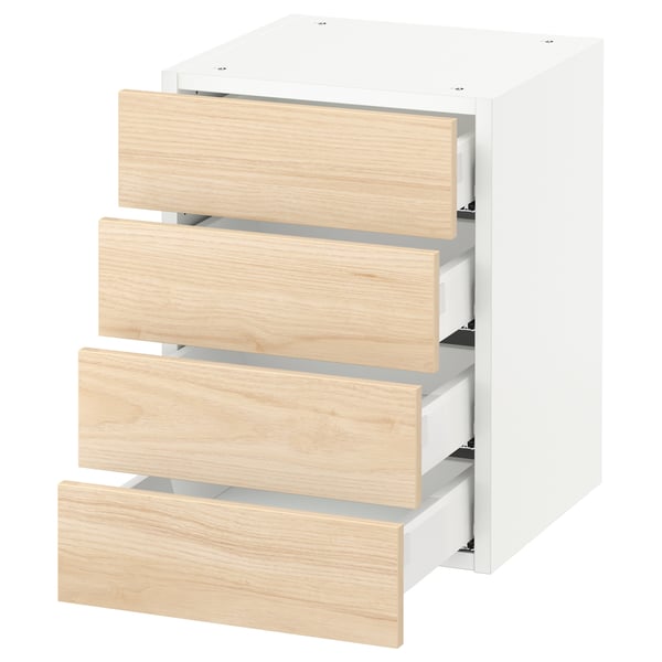 A white SEKTION kitchen cabinet with four light ash-colored wooden drawers.