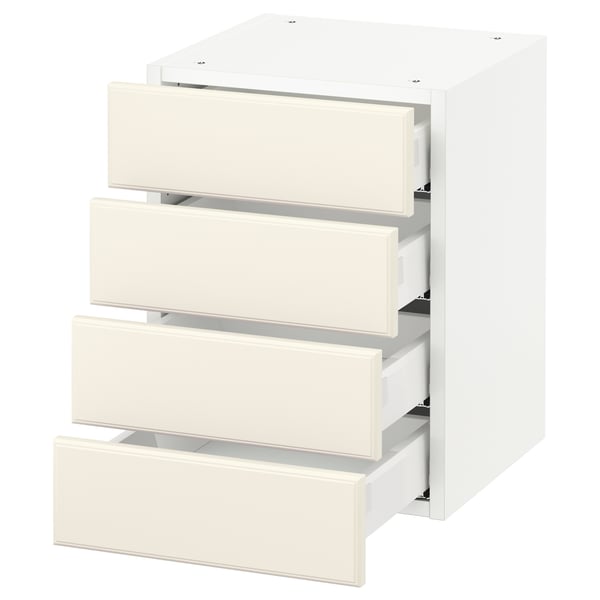 A white SEKTION kitchen cabinet with four bodbyn off-white drawers, each with bevelled edges. The cabinet offers a traditional kitchen look and feel.