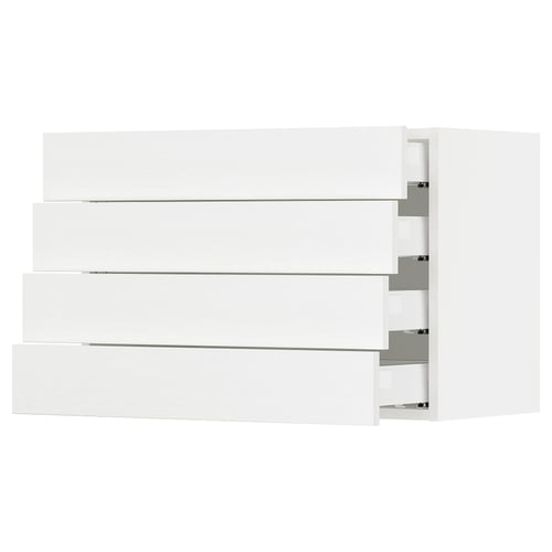White kitchen cabinet with three drawers, minimalist design, smooth surfaces and handles.