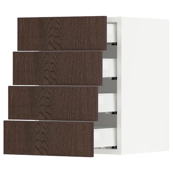Dark brown wooden drawers, white cabinet, modern kitchen setup.