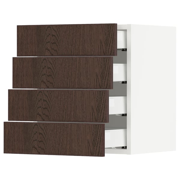 SEKTION kitchen with four dark brown drawers, oak veneer, solid wood edges.