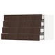 A dark brown wooden drawer set in a white cabinet. Four drawers are visible, with sleek handles and a modern design.