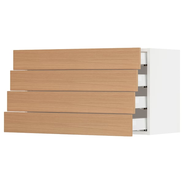 SEKTION kitchen unit with oak drawers. Three open drawers, white frame.