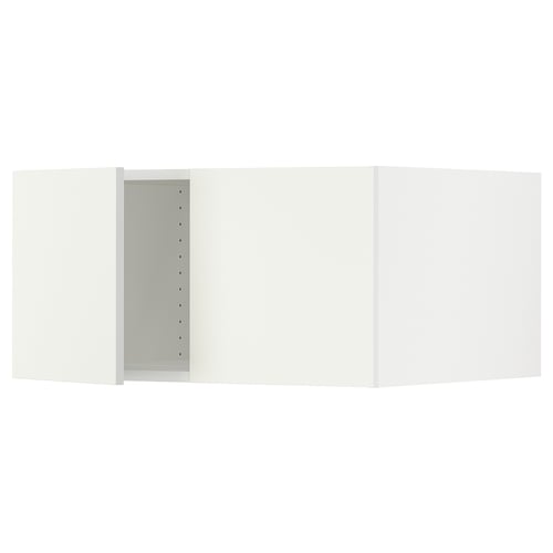 White kitchen cabinet set, modern design from IKEA, featuring three sections with adjustable shelves and a built-in door damper.