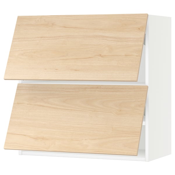 An ikea SEKTION wall cabinet in white with light ash wood panels. It has two equal sections with flat tops.