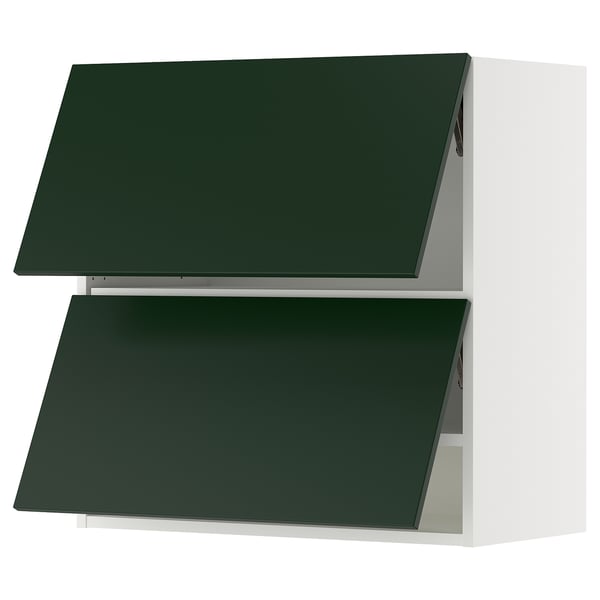 A green ikea SEKTION wall cabinet set with white interiors.