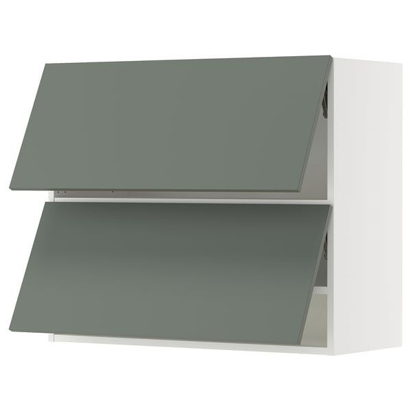 Grey-green kitchen cabinets, modern design with horizontal handles.