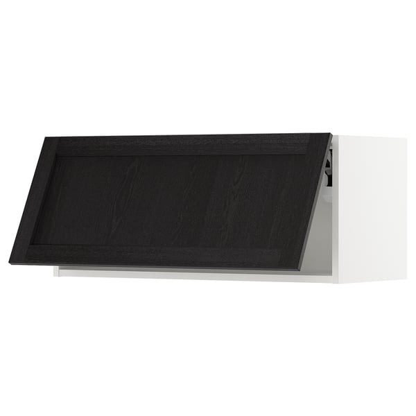 Black stained wooden kitchen cabinet with sleek design and bevelled edges.