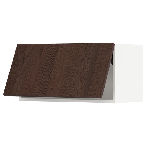 Dark brown wooden kitchen cabinet with sleek design and solid wood edging. Rectangular shape with modern finish.