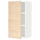 White and wood-toned cabinet, with a door open revealing shelves.